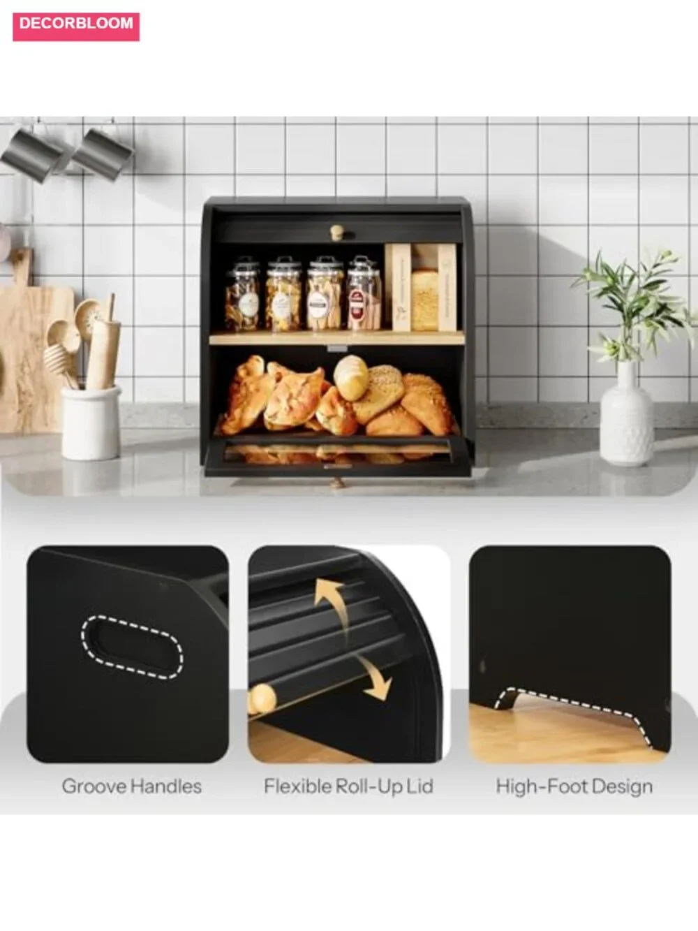 Bamboo 2-Tier Roll-Top Bread Box for Kitchen Countertop